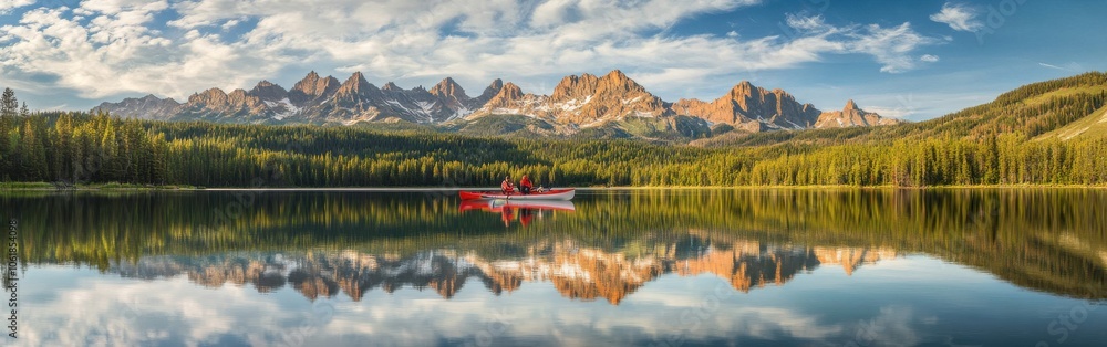 Aufkleber a serene morning at redfish lake with kayakers exploring crystal-clear waters and reflecting mountai