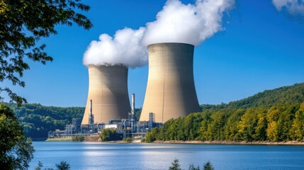 Large smokestacks emitting thick white clouds against a blue sky, indicating industrial air pollution.