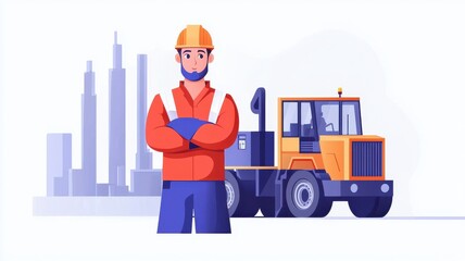 A confident construction worker stands in front of a construction vehicle, with a city skyline in the background, symbolizing industry and progress.