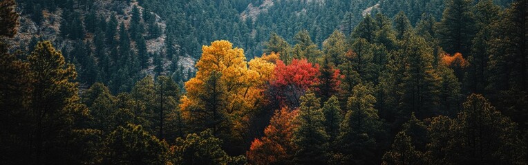 Fototapeta premium Autumn colors illuminate the Los Alamos forest with vibrant hues of red, orange, and yellow in a serene landscape