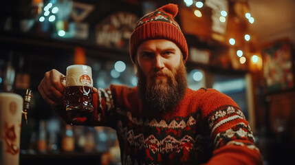 Obraz premium Bearded Bartender in Cozy Bar Pouring Beer in Ugly Christmas Sweater