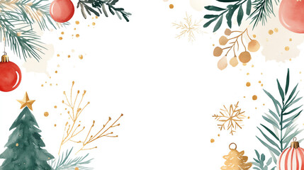 Festive holiday border with Christmas tree, ornaments, and greenery on a white background.
