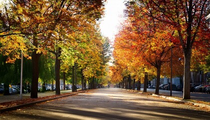 Obraz premium Autumn scenic asphalt road, with maple trees beside.