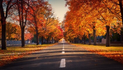 Obraz premium Autumn scenic asphalt road, with maple trees beside.
