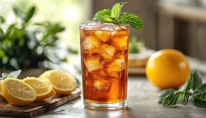 Iced Tea with Mint and Lemon Slices on a Table