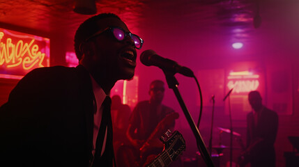 Smoky Speakeasy Jazz Bar with Black Man Playing Guitar in 1960s Style