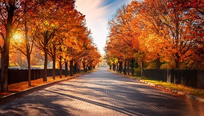 Obraz premium Autumn scenic asphalt road, with maple trees beside.