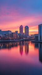Fototapeta premium A stunning sunset casts vibrant colors over the Des Moines skyline, reflecting beautifully in the calm water
