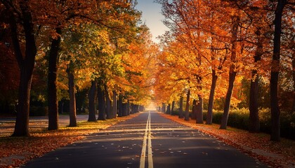 Fototapeta premium Autumn scenic asphalt road, with maple trees beside.