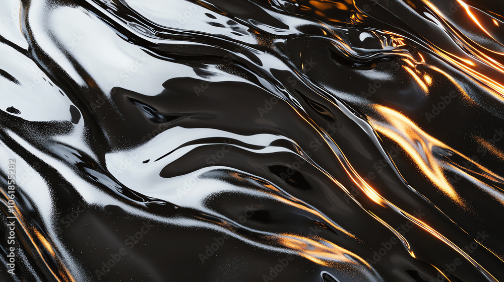 Poster fluid, glossy surface with intricate light reflections on a dark background, ideal for abstract desi