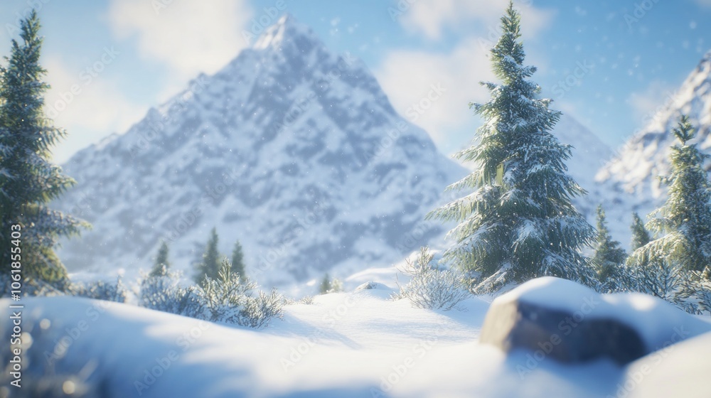 Poster a snowy mountain range with a few pine trees and a rock in the foreground.