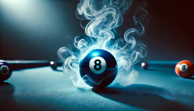 blue 8-ball rests on a smooth pool table surface, surrounded by swirling white smoke
