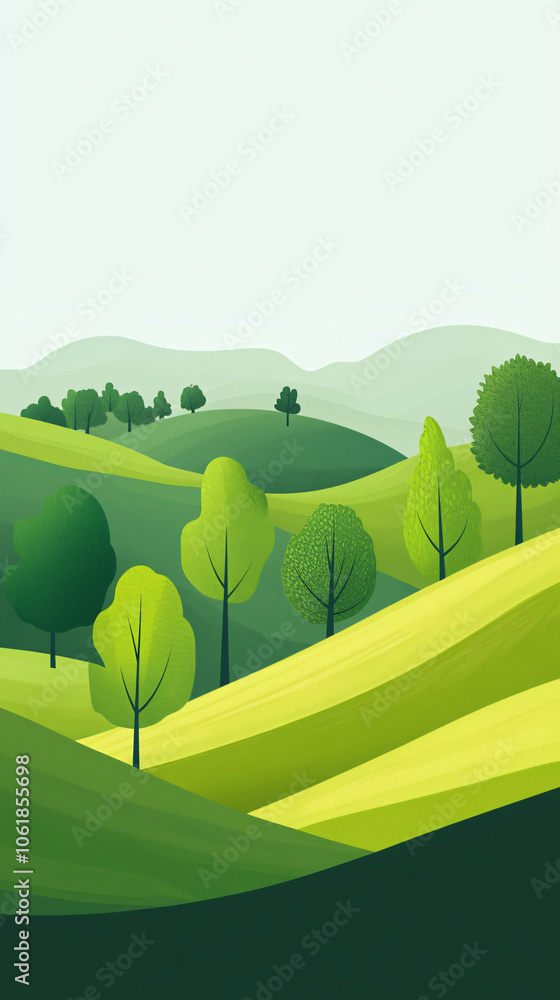Poster green rolling hills with lush trees are stretching into the distance on a foggy day