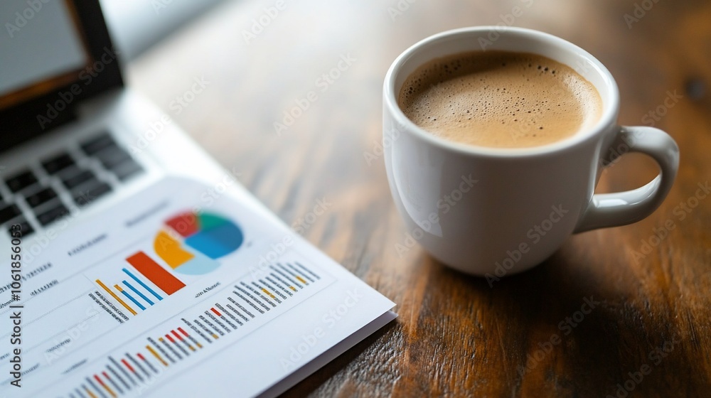 Poster a white coffee cup sits on a wooden table with a laptop computer and a printed graph.
