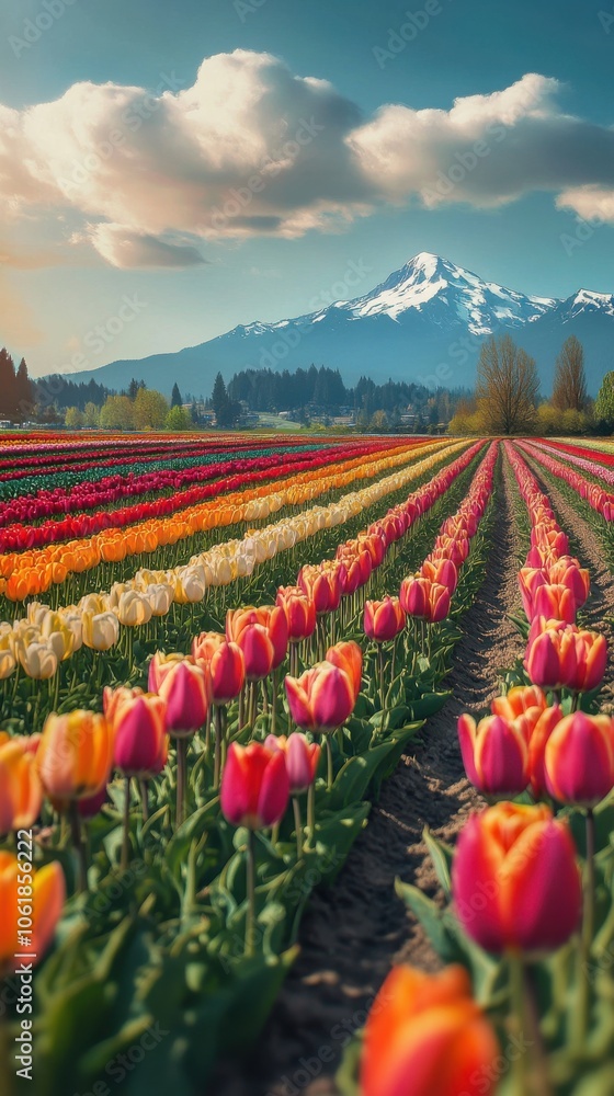 Poster a colorful field of tulips blooming under a clear sky with snowy mountains in the background during 