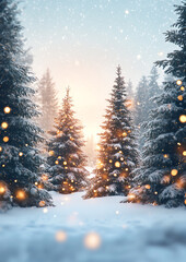 Serene winter landscape with snow-covered trees and soft bokeh lights, capturing the essence of a...