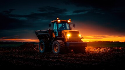 Tractor Working at Sunset