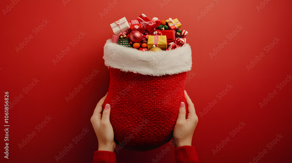 Poster isolated on red color background with side space for letters person holding a large red and white ch
