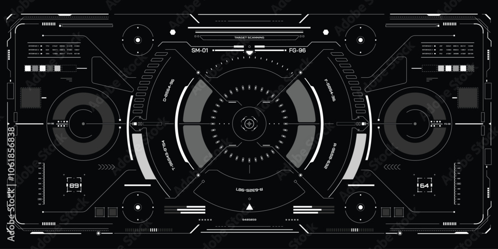 Poster HUD UI Futuristic Screen Monitoring Virtual System Analysis Infographic Vector Design. Technology Digital Aiming Target Scanning Illustration.