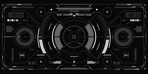 HUD UI Futuristic Screen Monitoring Virtual System Analysis Infographic Vector Design. Technology Digital Aiming Target Scanning Illustration.