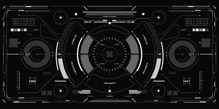 HUD UI Futuristic Screen Monitoring Virtual System Analysis Infographic Vector Design. Technology Digital Aiming Target Scanning Illustration.
