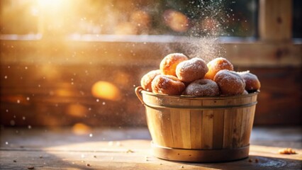 A rustic wooden bucket overflowing with freshly baked donuts dusted with powdered sugar, bathed in warm sunlight.