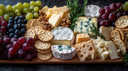 A beautifully arranged cheese board with various cheeses, grapes, crackers, and walnuts.