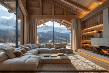 Fototapeta premium Mountain home with modern wooden interior, huge panoramic window overlooking the winter forest. Luxury wooden chalet with fireplace. Cozy and elegant interior design. 