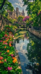 Fototapeta premium A vibrant view along the San Antonio River with blooming flowers and historic architecture under a clear sky