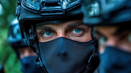 Fototapeta premium Close-up of SWAT team member's eye with blue eyes and black mask