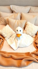 Bed with decorative towel folded in the shape of a duck surrounded by fluffy pillows and cozy blankets, blankets, interior design, cozy