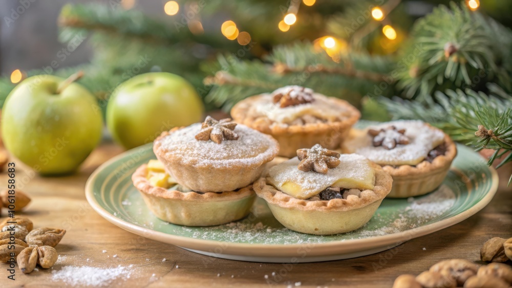 Poster a festive array of christmas mince pies, delicately decorated with powdered sugar and star-shaped to