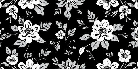 Black and white floral wallpaper design with intricate petal and leaf patterns, botanical, floral