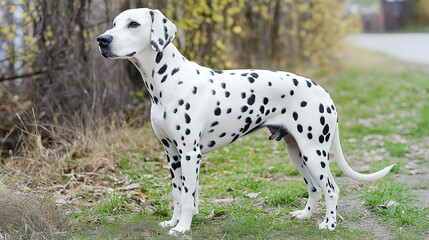 A Dalmatian dog standing on a path in an outdoor, natural setting, looking attentive and poised, with trees in the background.