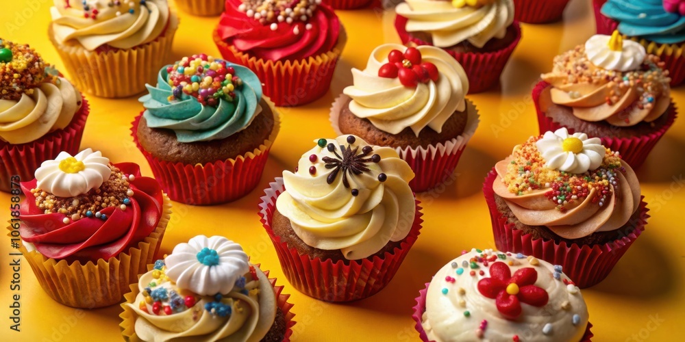 Aufkleber a colorful array of deliciously decorated cupcakes, each with unique toppings, arranged on a vibrant