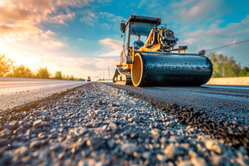 Construction site is laying new asphalt pavement, road construction workers and road construction machinery scene. Highway construction site scene. Asphalt road roller with heavy vibration roller.	