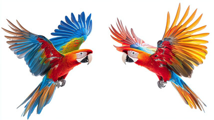 Fototapeta premium Set of colorful flying macaw parrot, isolated on white background 