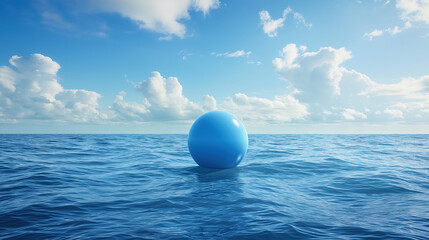 Serene blue sphere floating on calm ocean under cloudy sky