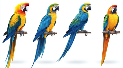 Fototapeta premium Set of different macaw parrot, isolated on white background.