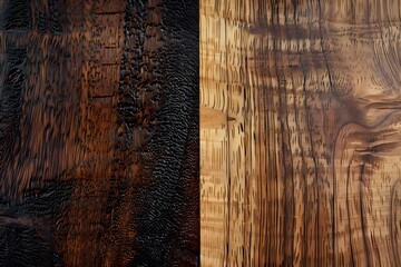 A close-up view of two contrasting wood surfaces, showcasing texture and grain patterns.
