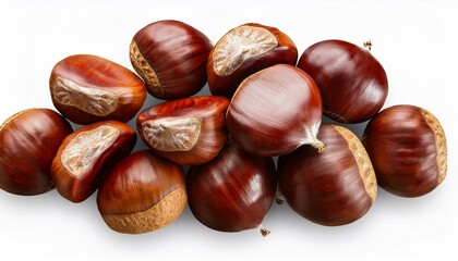 Obraz premium Heap of Chestnuts top view isolate on transparency background