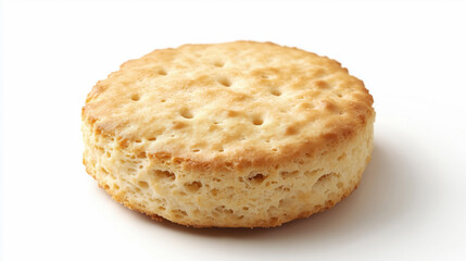 Delicious round biscuit with golden crust against white background