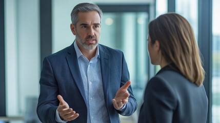 Professional business meeting between a senior man in a suit and a woman discussing plans in a modern office with glass walls, showcasing corporate dialogue.