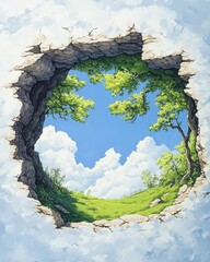 A vibrant hole in rocky clouds reveals a serene landscape with lush green trees and a bright blue sky, evoking tranquility and natural beauty.