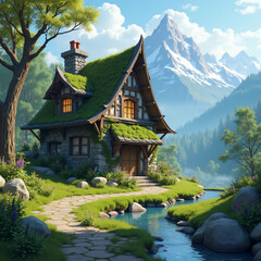 Beautiful and cozy fantasy stone cottage in spring forest next to rocky path and stream. Stone wall. Mountains in the distance. Magical feel and atmosphere, very realistic