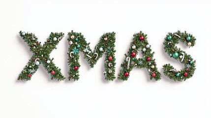 XMAS text in garland with Christmas ornaments