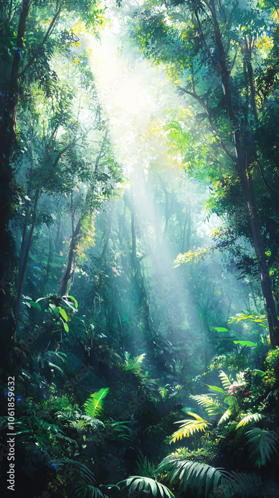 Poster lush rainforest canopy illuminated by sun rays through misty atmosphere, creating a serene, wild jun