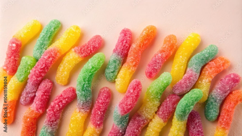 Poster a colorful assortment of sugary gummy worms, arranged in a random pattern on a light pink background
