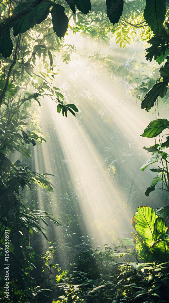 Poster sunlight filters through lush green leaves in a tropical rainforest, creating a magical atmosphere. 
