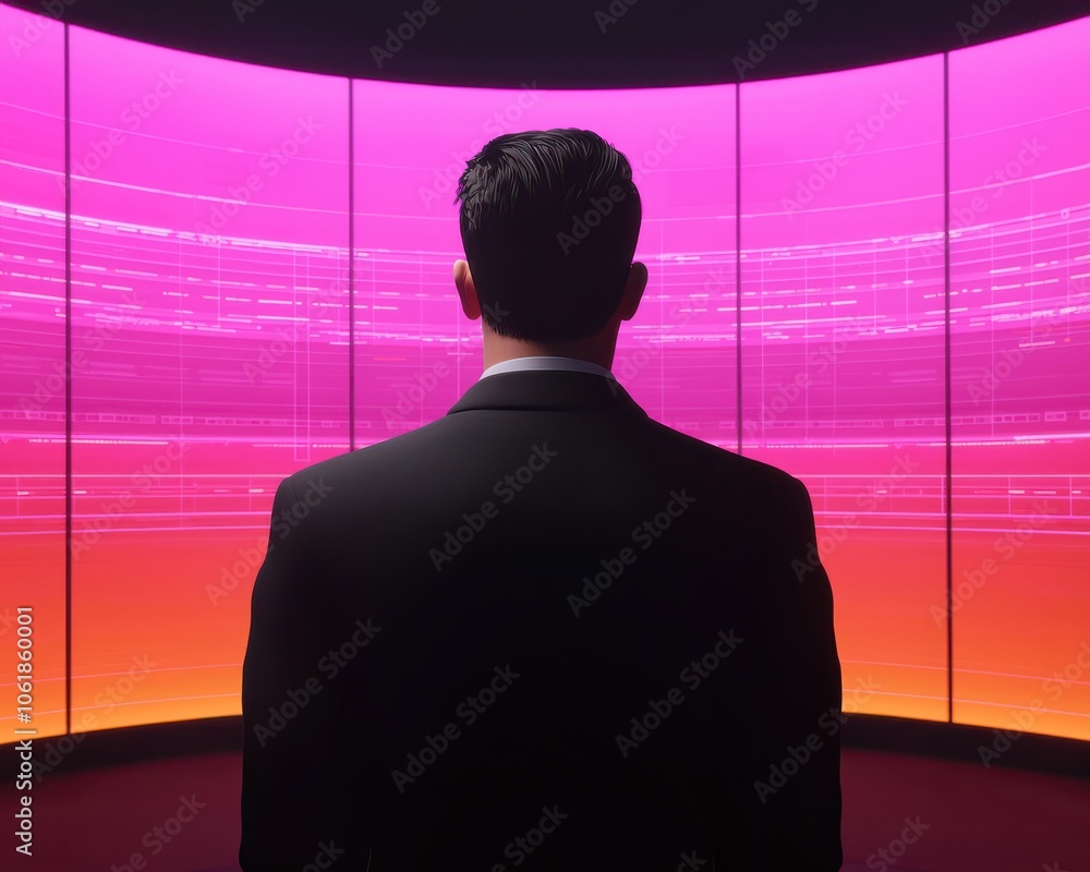 Poster a man in a suit stands before vibrant, colorful screens, creating a futuristic atmosphere filled wit